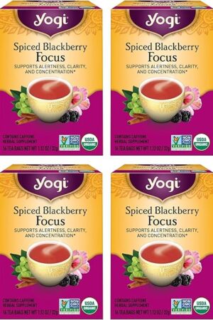 Yogi Tea Spiced Blackberry Focus - 4 Packs (16 Bags per Pack) | Supports Mental Clarity | Contains Black Tea Leaf, Hibiscus Flower, and Cinnamon Bark | Organic Blackberry Tea for Focus with Caffeine