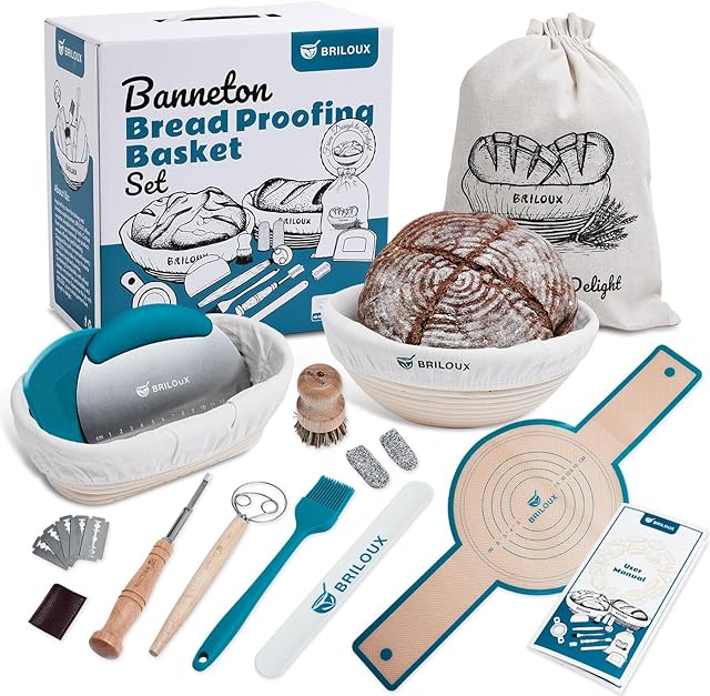 Sourdough Bread Baking Supplies | 9" Round & 10" Oval Banneton Proofing Basket Set | Sourdough Starter Kit with Bread Making Tools, Silicone Sling & Danish Dough Whisk