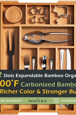 Carbonized Bamboo Kitchen Drawer Organizer, 8-10 Slots Expandable Silverware Organizer, Utensil Holder & Cutlery Tray, 2.2" Deep for Extra Capacity, Non-Slip Feet Included