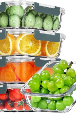 VERONES 5 Pack 36 OZ Glass Meal Prep Containers, Airtight Glass Lunch Containers Set, Glass Food Storage Containers with Lids,Exclusive of BPA, for Microwave, Oven, Freezer & Dishwasher Friendly,Grey