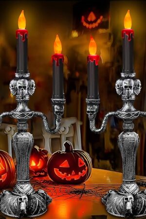 [ Extra Large ] 2 Pack Halloween Candelabra with LED Flame Less Candles Holder Battery Operated Flickering Lights Skull Candles for Halloween Decorations Indoor Home Table Party Haunted Mansion Decor