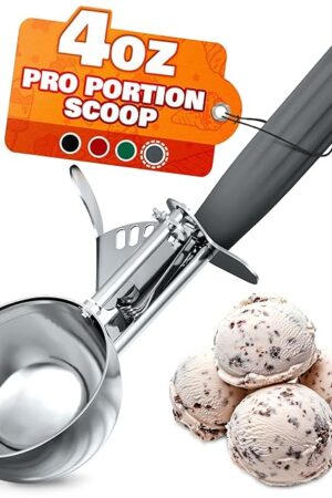 4 oz Ice Cream Scoop with Trigger Release #8 – Stainless Steel Versatile Tool for Baking, Cookies and Desserts Spoons, Easy-to-Clean, Dishwasher-Safe, Ergonomic Design for Precise Culinary Portions