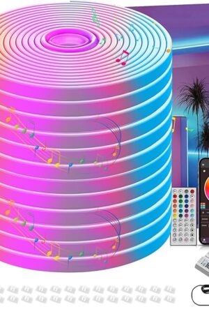50FT RGB Neon Rope Lights, Outdoor Led Strip Lights Waterproof IP67 with Remote and App Control, Flexible Led Rope Lights, Music Sync Led Lights for Bedroom, Gaming, Outdoors Decor (1 Roll)