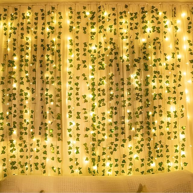 COOLUCK 84Ft 12 Pack Artificial Ivy Leaf Plants Vine with 80 LED String Light,Green Vines Garland, Hanging for Home Kitchen Office Wedding Wall Décor