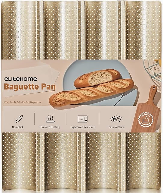 EliteHome Baguette Bread Pan 15" x 13" Nonstick Perforated Baguette Pan for 4 Loaves French Bread Baking Long French Loaf Pans Tray (Golden)