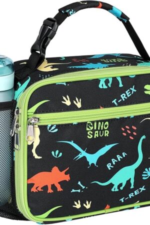 Bagseri Kids Lunch Bag Boys - Kids Lunch Box for Boys Reusable and Insulated Lunch Bag Toddler Lunch Box for Daycare and School, Black Dinosaur (Water Bottle Not Included)