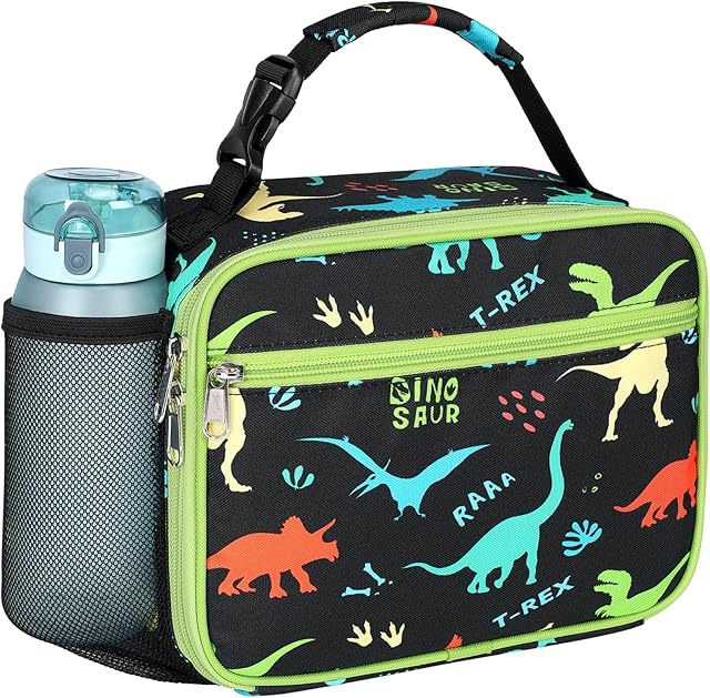 Bagseri Kids Lunch Bag Boys - Kids Lunch Box for Boys Reusable and Insulated Lunch Bag Toddler Lunch Box for Daycare and School, Black Dinosaur (Water Bottle Not Included)