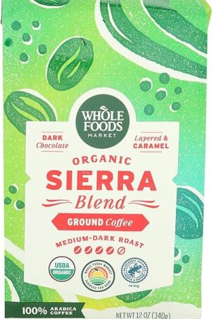 Whole Foods Market, Organic Sierra Blend Ground Coffee, Medium-Dark Roast, Dark Chocolate & Caramel, 12 Ounce