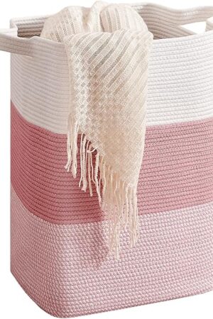 75L Laundry Hamper Rectangular Pink Rope Basket - 16x13x22 Inches - Dirty Clothes Storage Soft Organizer Bin for Blankets, Toys, and Nursery Essentials