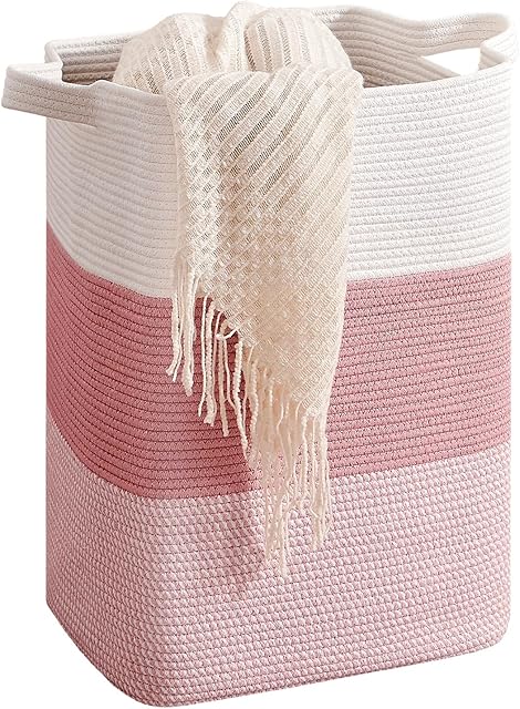 75L Laundry Hamper Rectangular Pink Rope Basket - 16x13x22 Inches - Dirty Clothes Storage Soft Organizer Bin for Blankets, Toys, and Nursery Essentials