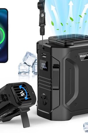 10000mAh Portable Waist Fan Clip on Wearable Belt Shirt Body Fan Hand-Free Rechargeable Battery Operated with 5 Speed & Flashlight Cooling Neck Fan for Outdoor Camping Travel Power Bank Green