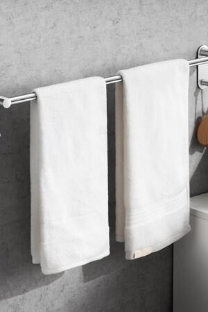 24 Inch Adhesive Towel Bar - Stainless Steel Stick on Towel Rack for Bathroom, No Drilling Towel Holder with 2 Hooks, Brushed Silver