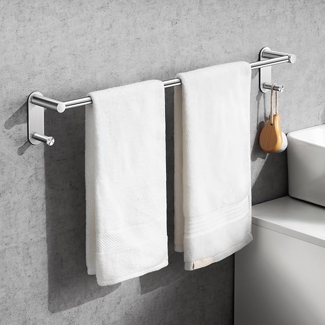 24 Inch Adhesive Towel Bar - Stainless Steel Stick on Towel Rack for Bathroom, No Drilling Towel Holder with 2 Hooks, Brushed Silver