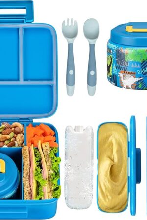 Bento Lunch Box for Kids With 8oz Soup thermo,Leak-proof Lunch Containers with 5 Compartment,thermo Food Jar and Lunch Bag, Food Containers for School (A-Blue(Dinosaur))