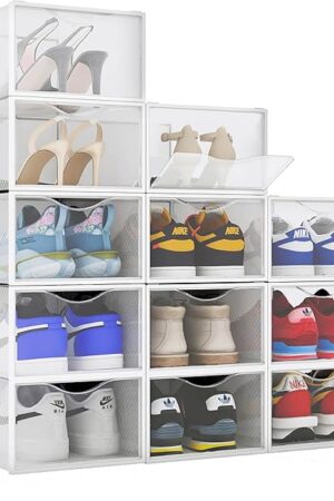 BINO 12-Pack Plastic Stackable Shoe Box Set - Clear | Foldable Shoe Storage Container | Sneaker Bins | Shoe Rack Box | Transparent | Portable Stacking Shoe Boxes Front Open