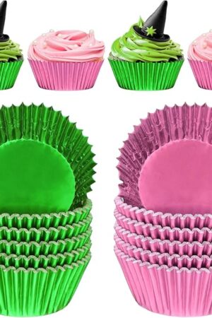 Vesici 200 Counts Green Pink Foil Cupcake Liners Bulk Witch and Princess Theme Baking Cups Wrappers Pink and Green Party Supplies Cake Decorations for Princess and Witch Hat Movie Fan Party Supplies