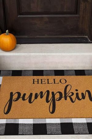 2 Pcs Fall Door Mat Combo Set Imitation Coir Welcome Mat, 43" x 28" Buffalo Plaid Rug Outdoor for Fall Halloween Thanksgiving Rustic Farmhouse Indoor Autumn Mats Hello Pumpkin (Black and White Plaid)