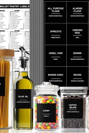 288 Pantry Labels for Food Containers, Black Preprinted Minimalist Waterproof Stickers for Organizing Storage Bins, Jars and Kitchen