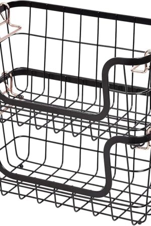 Amazon Basics Stackable Metal Wire Rectangular Storage Basket Set For Kitchen or Bathroom, 2 Count, Black