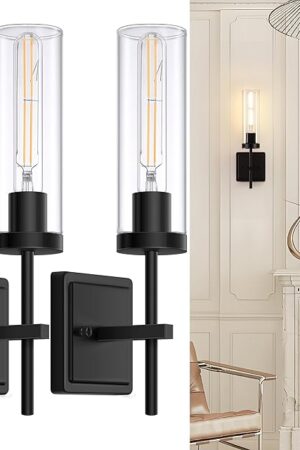 Wall Sconces Set of Two, Matte Black Bathroom Sconces Wall Lighting with Clear Glass, Modern Sconces Wall Decor Set of 2 Vanity Light fixtures for Mirror Living Room Hallway Bedroom, 1-Light