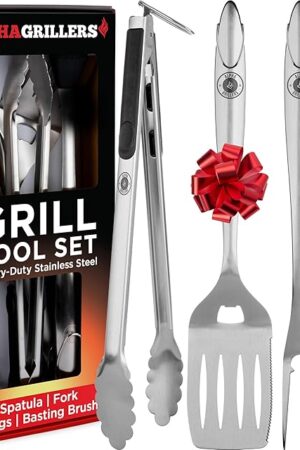 Alpha Grillers Grilling Accessories - BBQ Accessories Grill Gifts for Men Dad Him Husband Son Boyfriend Birthday - Barbecue Grilling Tools Utensils Set with Spatula, Fork, Brush, Tongs Kit
