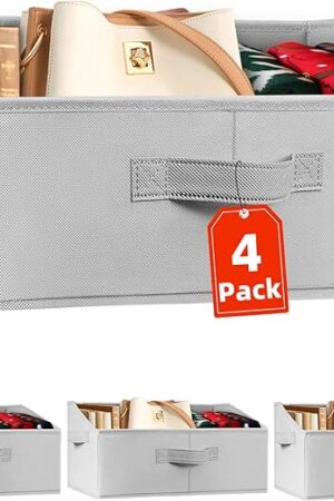 Criusia 4 Pack Large Closet Shelf Organizer Bins with Handles - Fabric Trapezoid Storage Baskets for Clothes, Towel, Blanket, Purse, Hats