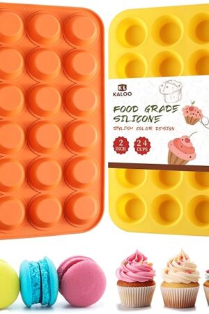 2PCS Silicone Mini Muffin Cupcake Pan, Kaloo Nonstick 24 Cups Silicone Muffin Pans for Baking, Great for Muffin, Cakes, Tart, Bread, Dishwasher Safe (Stylish Orange + Yellow, 24 Cups Each)