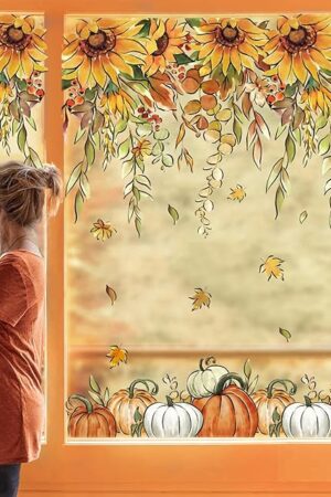 Whaline 9 Sheets Fall Sunflower Window Clings Hanging Flower Vine Pumpkin Window Stickers Autumn Floral Static Reusable Window Decals for Harvest Party Home Office Decor