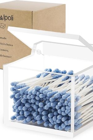 Clear Acrylic Qtip Holder With Lid Cotton Balls Swab Organizer,Square Q Tip Storage, Floss Picks, Bath Salts, Cotton Wab Holder,Home Bathroom Decor (DP011)