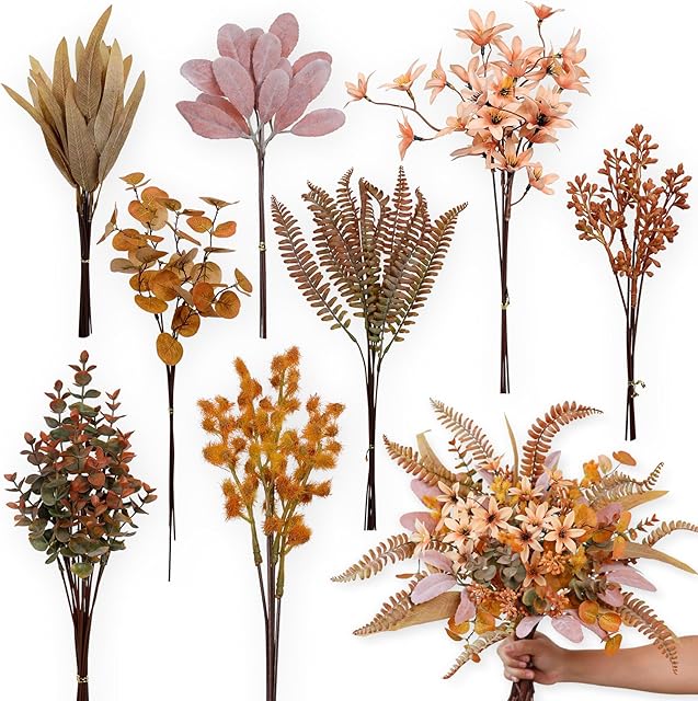 FOTEEWL 75 Pcs Artificial Greenery Stems Box Set,with 8 Kinds of Faux Plants and Fake Flowers for DIY Bridal Bouquets Wedding Floral Arrangement Table Centerpieces Fall Decoration (Orange)