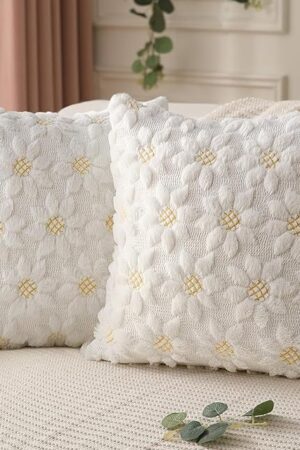 DFXSZ Spring Summer Pillow Covers 18x18 inch Set of 2 Farmhouse Decor Yellow Color Flower Heart Sunflower Soft Plush Faux Fur Jacquard Throw Pillows for Sofa Holiday Spring Home Decor PTK024C18
