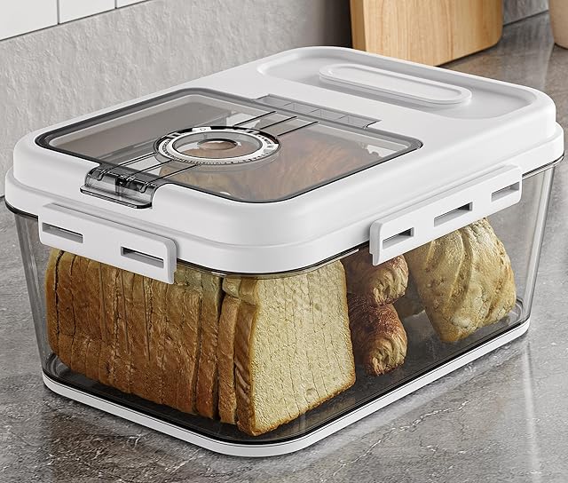 Bread Box For Kitchen Countertop, Airtight Bread Storage Container, Time Recording Bread Keeper with Lid,Bread Storage For Homemade Breads, Toast, And Cookies, White Bread Holder.