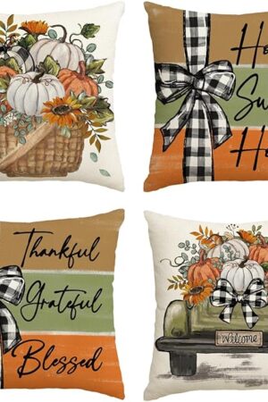 AVOIN colorlife Fall Pumpkin Truck Sunflowers Home Sweet Home Throw Pillow Covers, 18 x 18 Inch Autumn Thankful Grateful Blessed Harvest Floral Decorations for Sofa Couch Set of 4