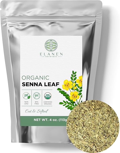 Elanen Naturals Organic Senna Leaf 4 oz. (113g), USDA Certified Organic Senna Tea Leaves, Alexandrina Herb, Folium Sennae, Sene, Hoja de Sen, Seena Leaf, Cut & Sifted