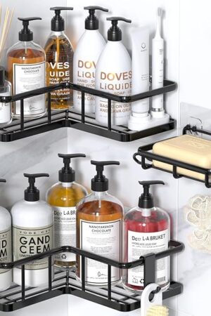 YASONIC Corner Shower Caddy Organizer, 3-Pack Adhesive Rustproof Stainless Steel Shower Shelves with Soap Holder, No Drilling Shower Storage Rack for Family Renters Bathroom, Black