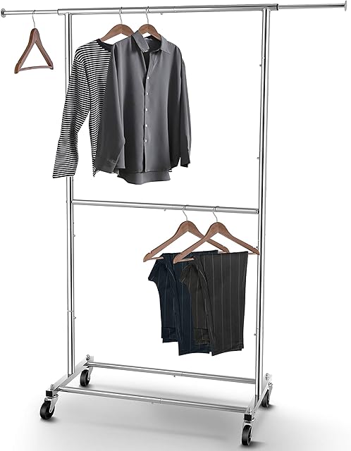 Simple Trending Double Rod Clothing Garment Rack, Rolling Clothes Organizer on Wheels for Hanging Clothes, Chrome