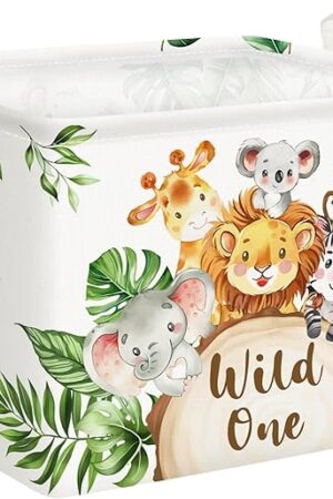 Clastyle 36L Large Safari Animals Elephant Shelf Basket Lion Rectangle Collapsible Dirty Clothes Baby Basket Jungle Koala Giraffe Book Toy Storage Bin for Nursery