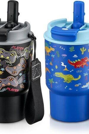 13.5oz Kids Insulated Tumbler with Lid and Straw, BPA-Free Stainless Steel Kids Water Bottle, Leak-Proof& Cupholder Friendly Tumbler for Boys & Girls -2 Pack(Dinasour+Game)