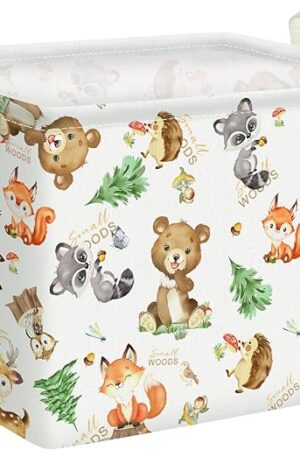 Clastyle Cute Woodland Animals Shelf Basket Bear Fox Squirrel Fir Tree for Nursery Storage Bin Rectangle Clothes Books Toy Storage Cube, 36L