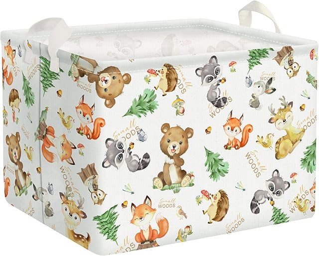 Clastyle Cute Woodland Animals Shelf Basket Bear Fox Squirrel Fir Tree for Nursery Storage Bin Rectangle Clothes Books Toy Storage Cube, 36L