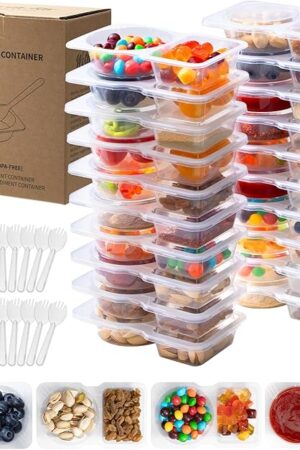 20 Sets Reusable Snack Containers with Lids & 20 Sporks – Double Compartment for Portion Control, BPA-Free Leak-Proof Dipping Containers for Meal Prep, Travel, and Outdoor Snacks (Clear)