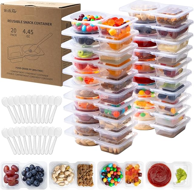 20 Sets Reusable Snack Containers with Lids & 20 Sporks – Double Compartment for Portion Control, BPA-Free Leak-Proof Dipping Containers for Meal Prep, Travel, and Outdoor Snacks (Clear)