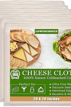 6 Pcs Cheese Cloths for Straining, 20x20 Inch Grade 100 Precut Cheese Cloth With Hemmed Edge, 100% Unbleached Cotton, Reusable Muslin Cheesecloth for Straining, Juicing, Cooking Turkey
