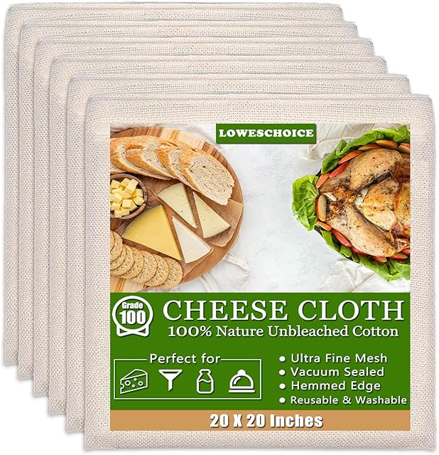 6 Pcs Cheese Cloths for Straining, 20x20 Inch Grade 100 Precut Cheese Cloth With Hemmed Edge, 100% Unbleached Cotton, Reusable Muslin Cheesecloth for Straining, Juicing, Cooking Turkey
