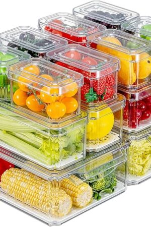 14-Pack Fridge Organizer – Stackable Refrigerator Storage Bins with Lids – BPA-Free Clear Fruit Storage Containers for Vegetables, Food & Drinks
