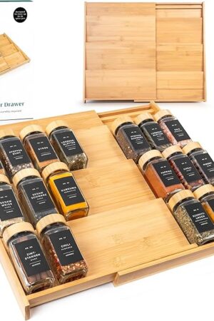 Bamboo Spice Drawer Organizer - Expandable 4 Tier Spice Rack (Need 3" Deep Drawer) 12" to 24" Wide, Seasoning Organizer, Organization Seasoning Rack insert (Jars Not Included)