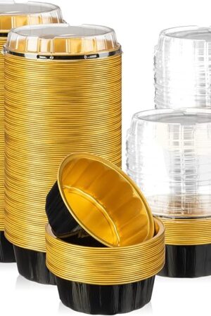 100 Pack Disposable Ramekins with Lids 8 oz Creme Brulee Ramekin Aluminum Foil Cup Cupcake Liner for Baking Disposable Muffin Tin Pan Cheesecake Container for Catering Wedding Party (Black, Gold)