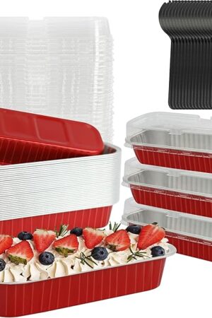 Aluminum Baking Pans With Lids, 30PCS 6.8OZ 200ML Rectangle Disposable Cupcake Containers Mini Cake Pans With Lids Loaf Pans Mini Aluminum Pans with Lids for Birthday Wedding,Red