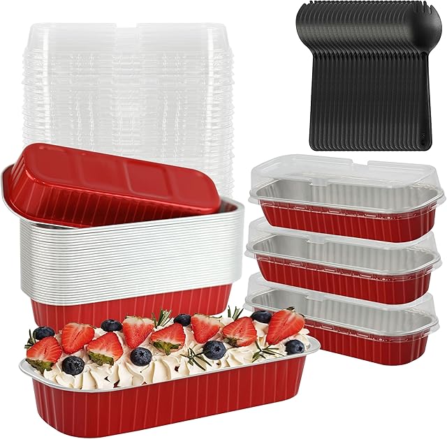 Aluminum Baking Pans With Lids, 30PCS 6.8OZ 200ML Rectangle Disposable Cupcake Containers Mini Cake Pans With Lids Loaf Pans Mini Aluminum Pans with Lids for Birthday Wedding,Red