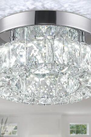 7.9 Inch Modern Mini Crystal Chandelier LED Flush Mount Ceiling Light - 16W 6000K Cool White, Round Crystal Lamp for Hallway, Kitchen, Bathroom, Bedroom, Laundry (Room) and Dining Room Lighting